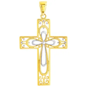 14K Gold Textured Milgrain Filigree Cross Pendant - Yellow Gold