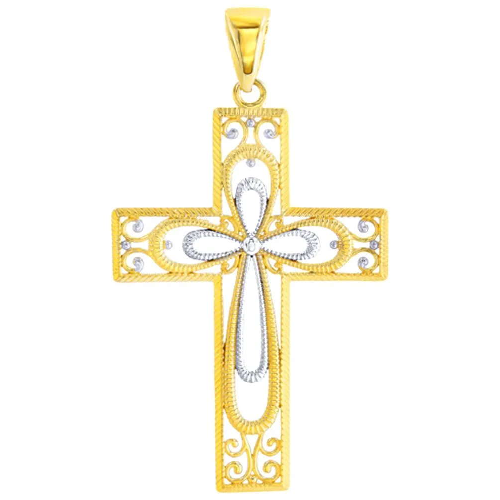 14K Gold Textured Milgrain Filigree Cross Pendant - Yellow Gold