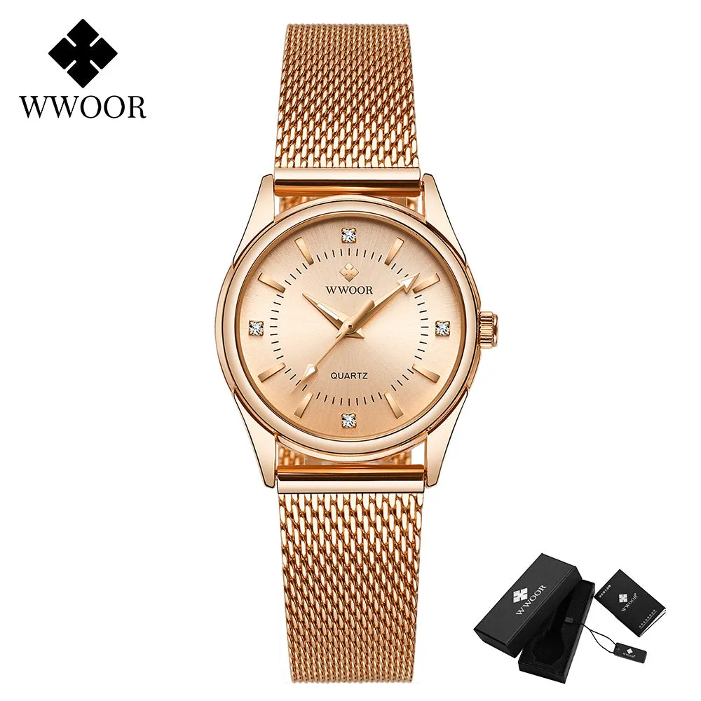 2022 Wwoor Fashion Classic Ladies Watch Luxury Diamond Rose Gold Women Bracelet Watch Elegant Dress