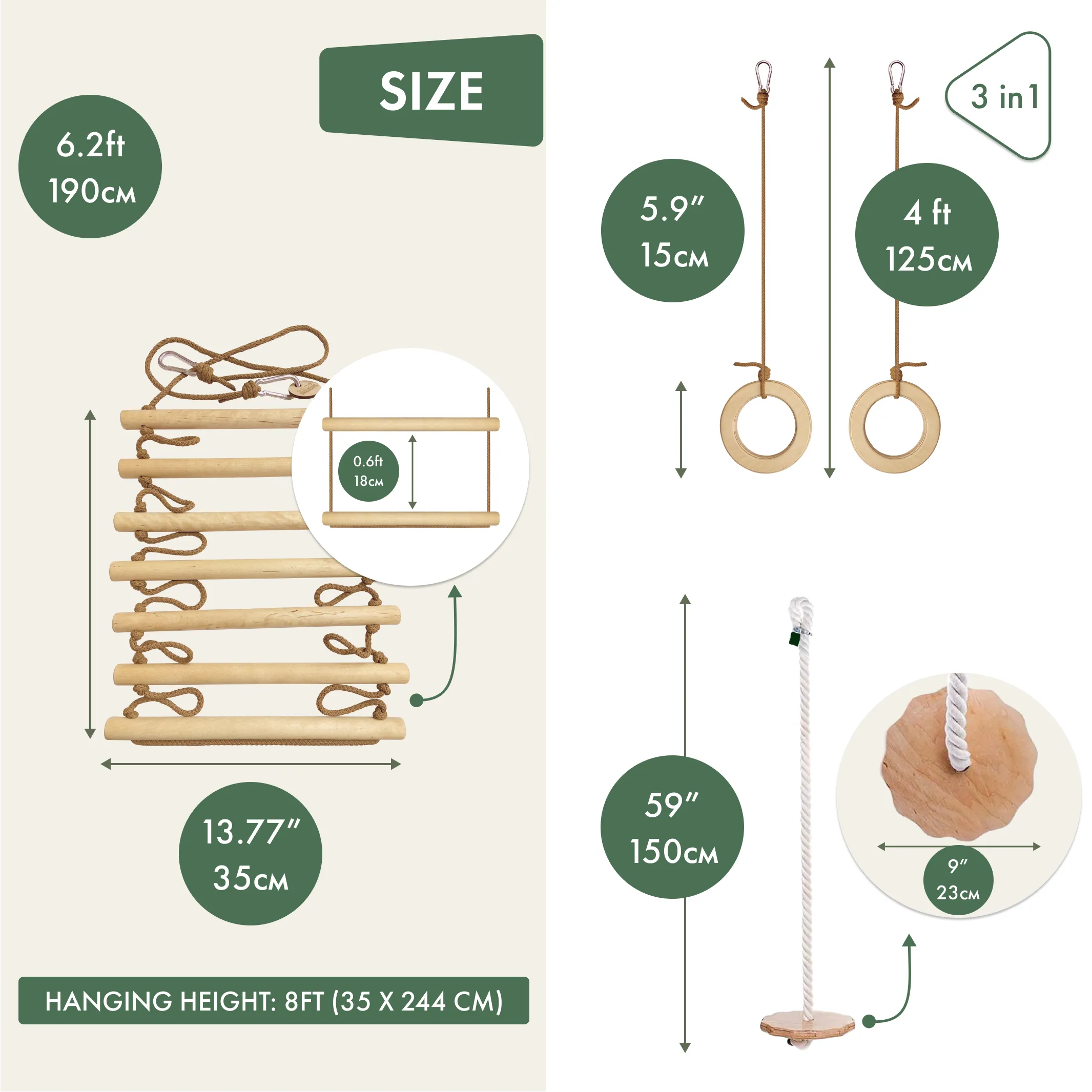 3in1 Swings Set: Rope Ladder   Gymnastic Rings   Disc Rope Swing