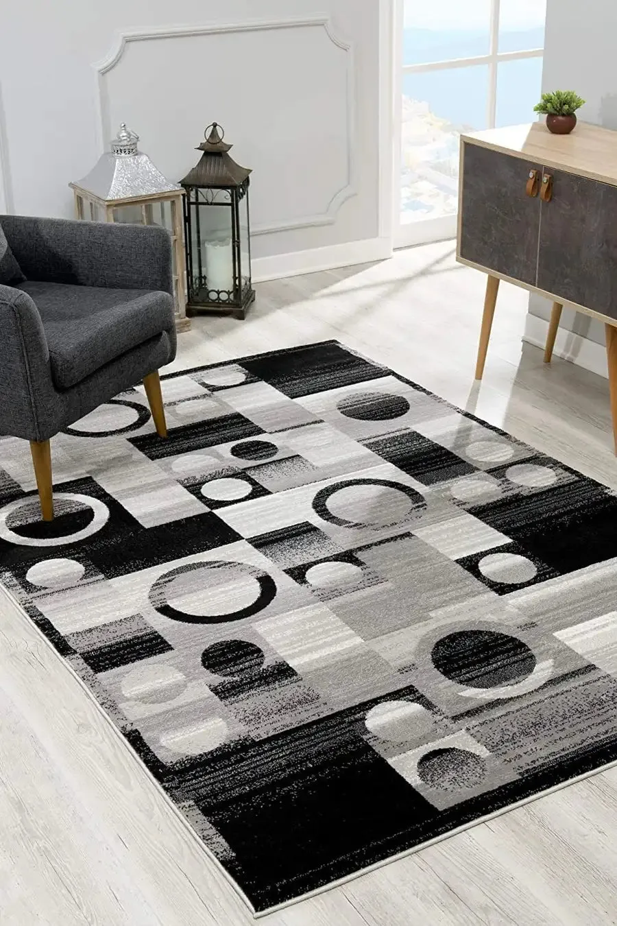 7' X 9' Gray Blocks And Rings Area Rug