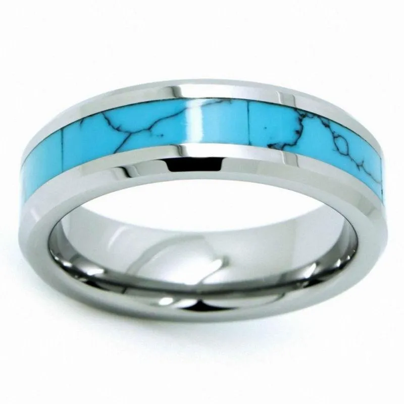 8/6mm Matching Pair of Tungsten Wedding Rings with Turquoise Inlay