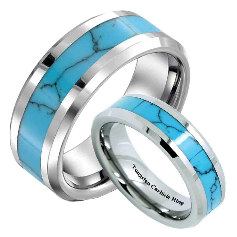 8/6mm Matching Pair of Tungsten Wedding Rings with Turquoise Inlay