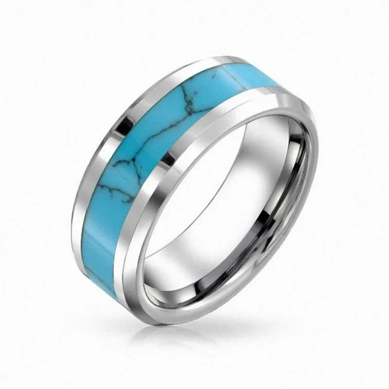 8/6mm Matching Pair of Tungsten Wedding Rings with Turquoise Inlay