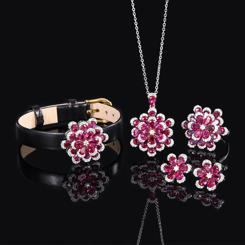 925 Solid Silver Ruby Diamond Pendant Necklace Rings Earrings Wristband Set