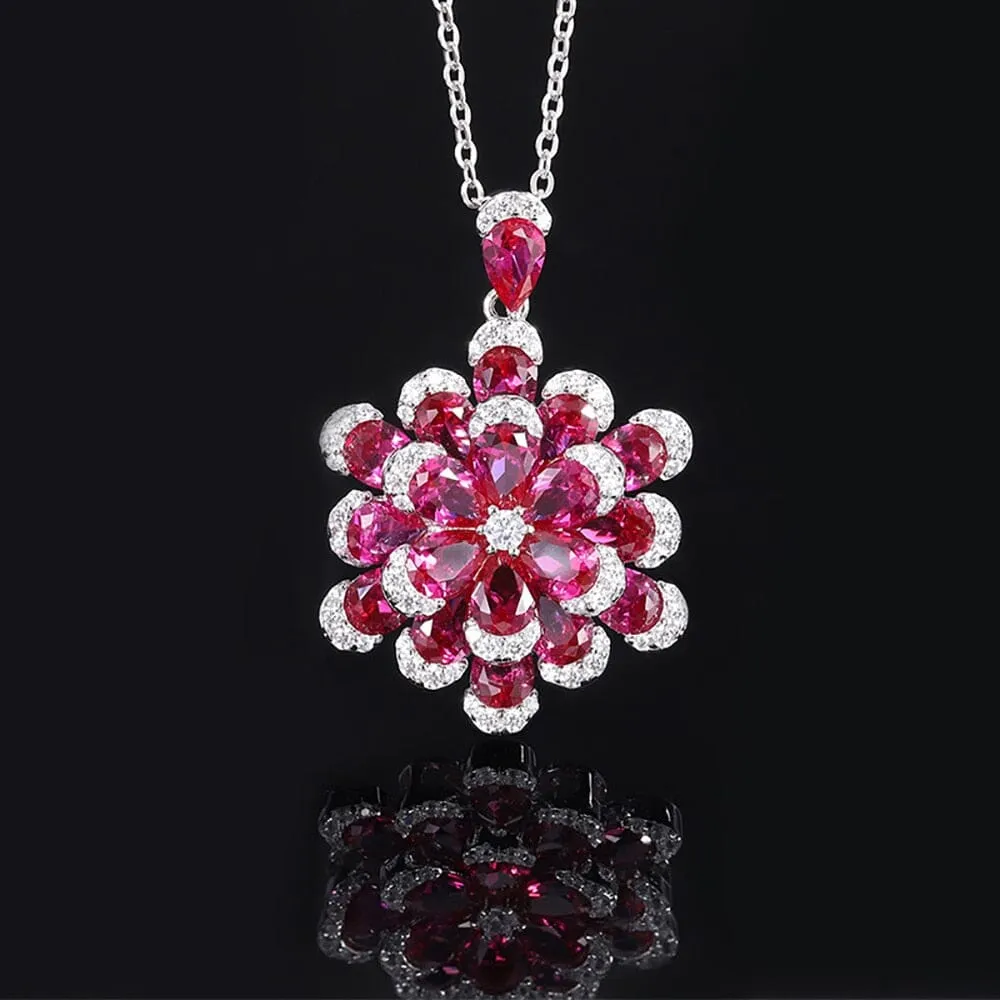 925 Solid Silver Ruby Diamond Pendant Necklace Rings Earrings Wristband Set