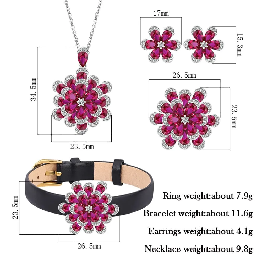 925 Solid Silver Ruby Diamond Pendant Necklace Rings Earrings Wristband Set