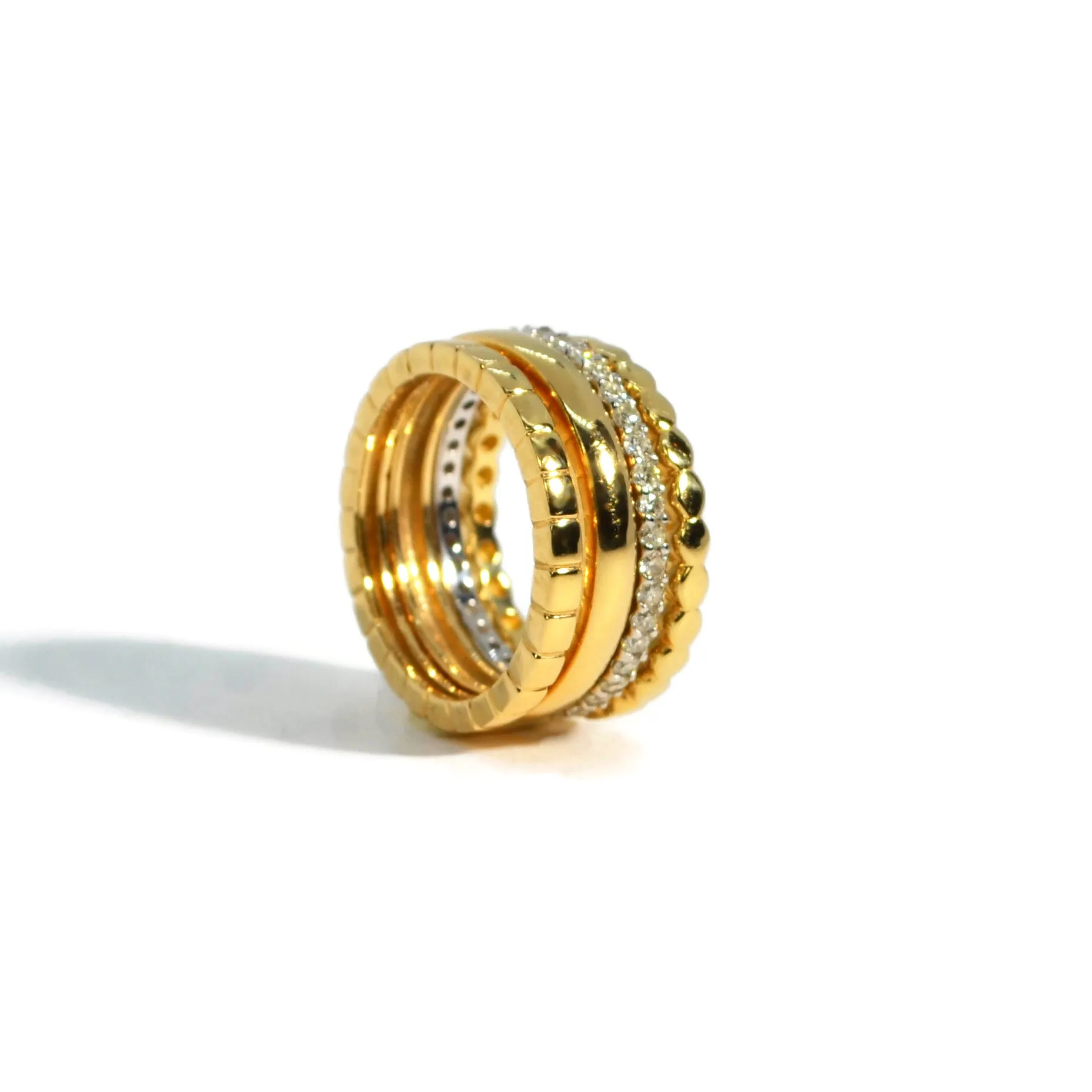 AFJ Gold Collection - Stacked Band Rings with Diamonds, Yellow and White Gold