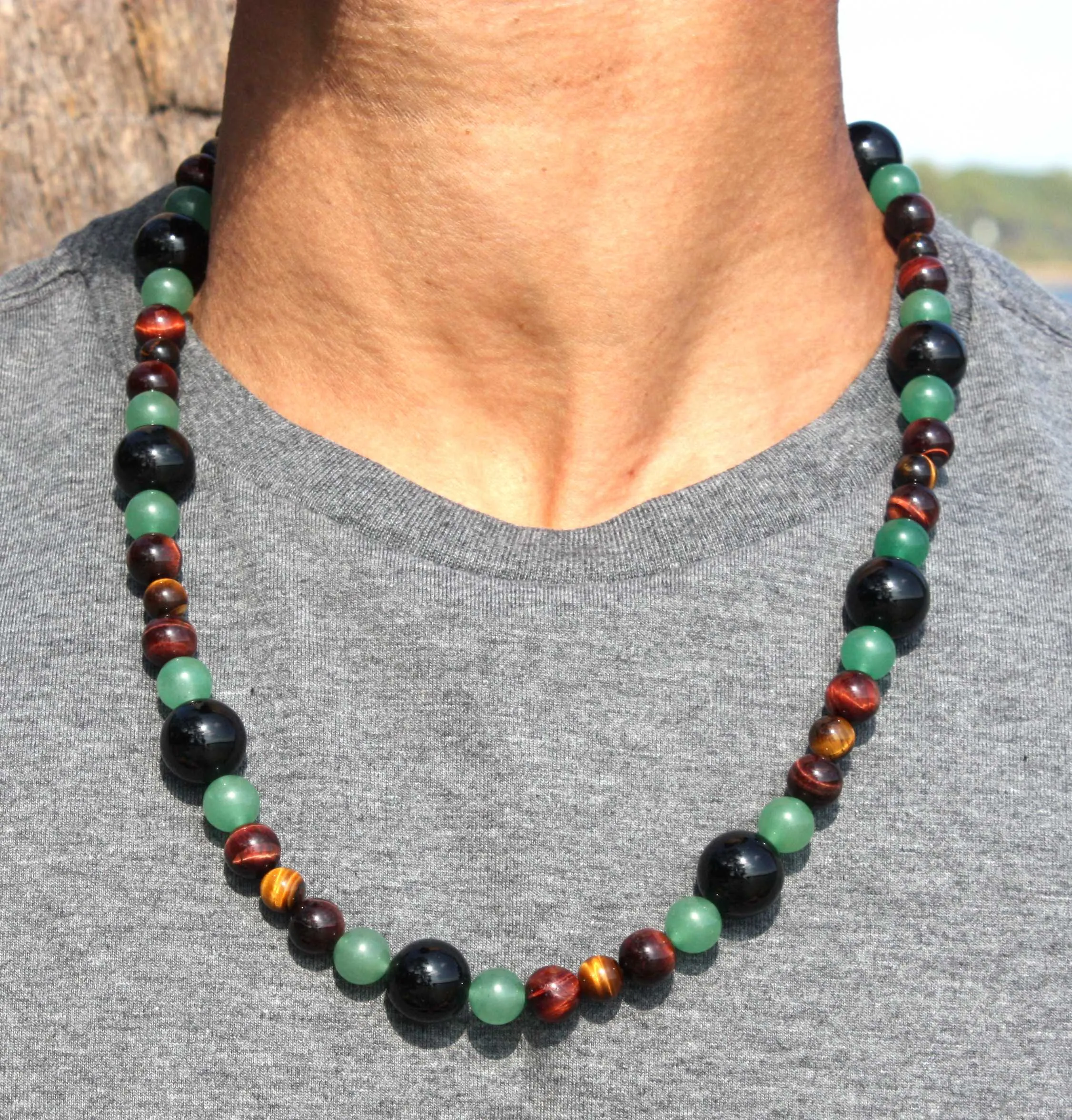 African Beaded Necklace - Tiger Eye - Onyx - Green Jade Aventurine - Rasta Necklace