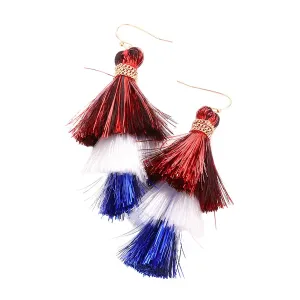 American USA Flag Triple Tassel Layered Dangle Earrings