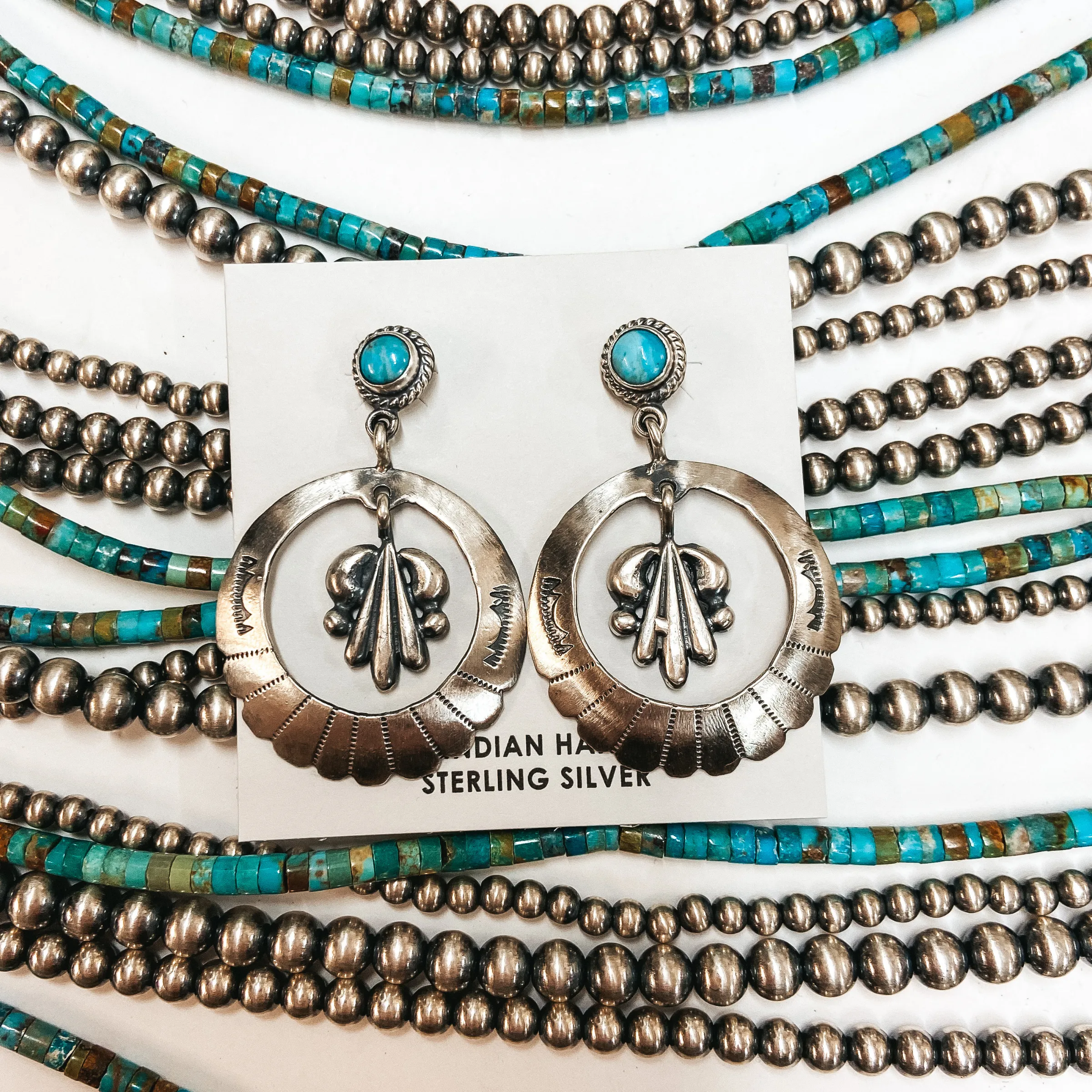 Annie Spencer | Navajo Handmade Sterling Silver Circle Dangle Earrings with Kingman Turquoise Post