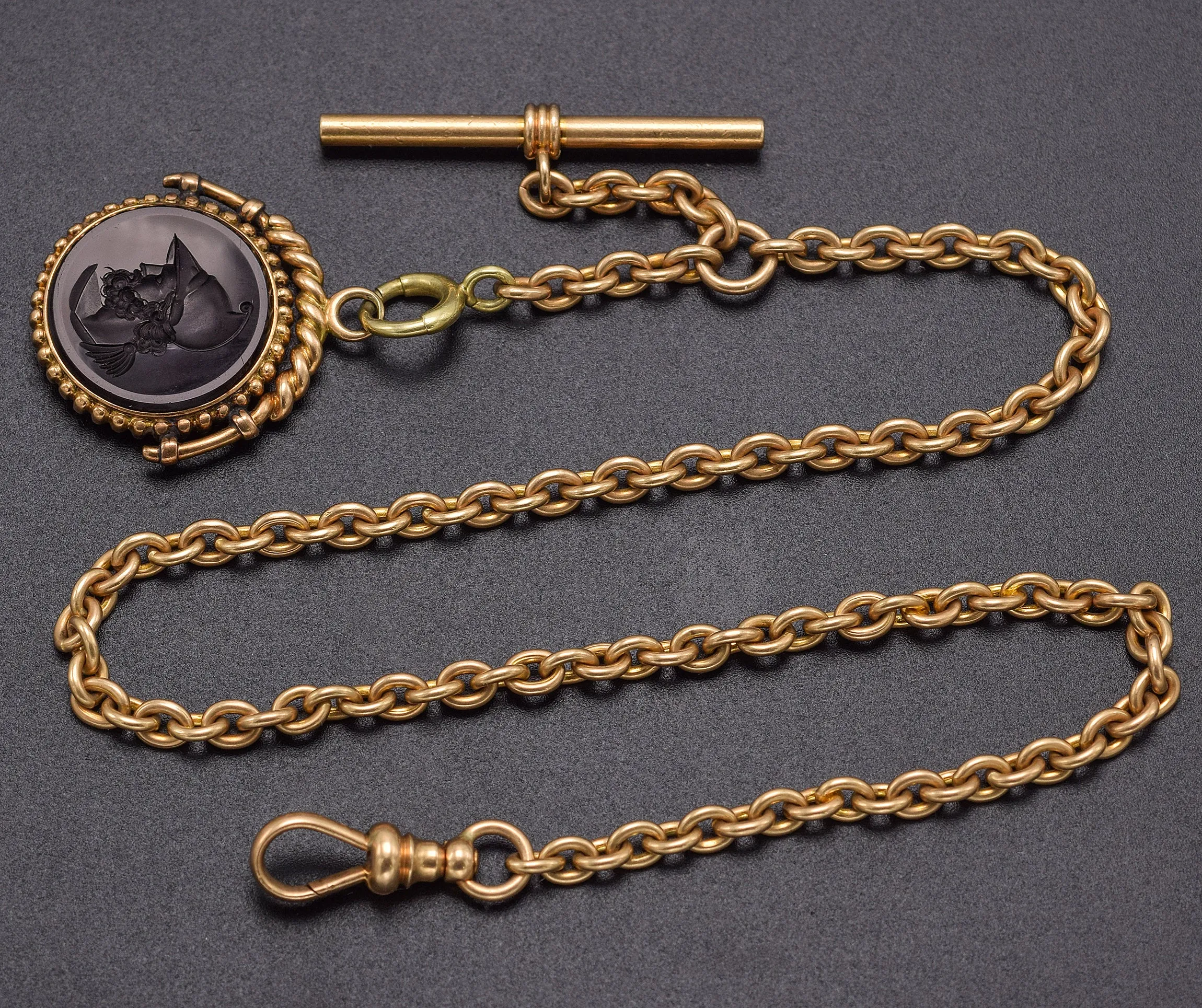 Antique 14K Yellow Gold Onyx Intaglio Pocket Watch Chain Fob 13 Inches