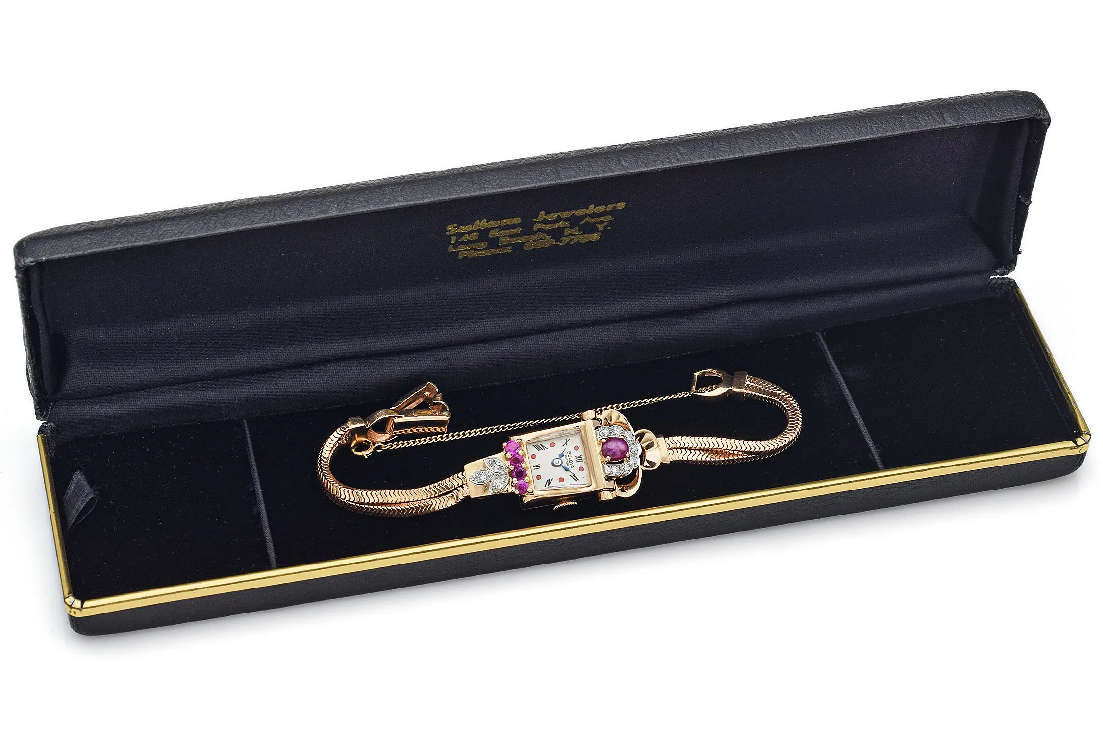 Antique Bulova 14K Yellow Gold Ruby & Diamond Hand Wind Women's Watch  Box