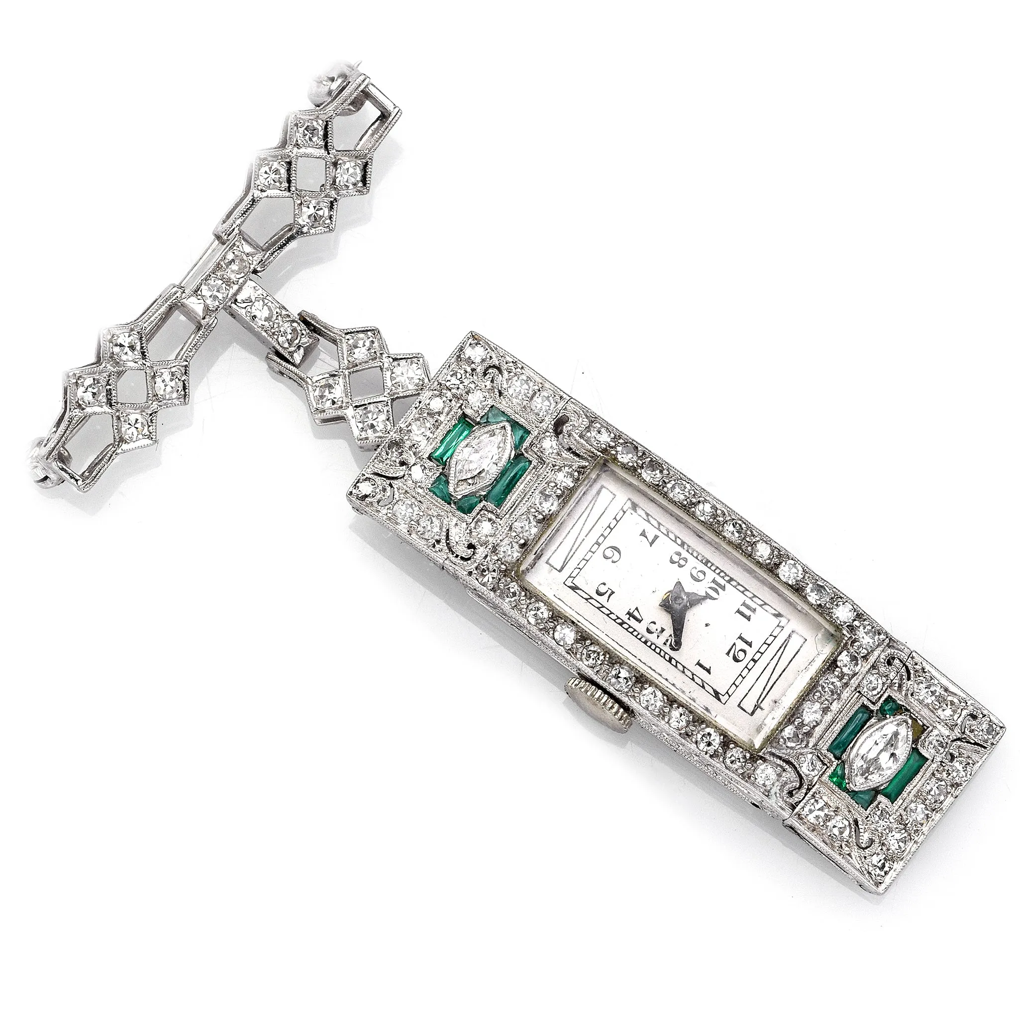 Antique Platinum Diamond & Emerald Art Deco Brooch Pin Watch