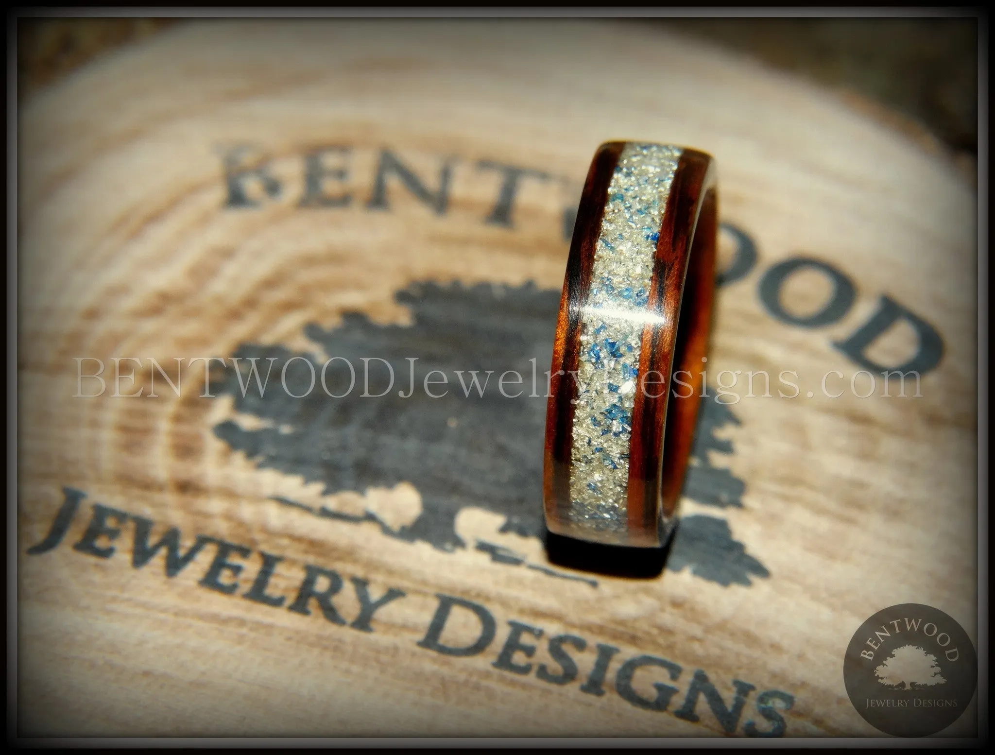 Bentwood Ring - Kingwood Wooden Ring with Bentwood Kingwood Wood Rings with Silver/Blue Glass Inlay