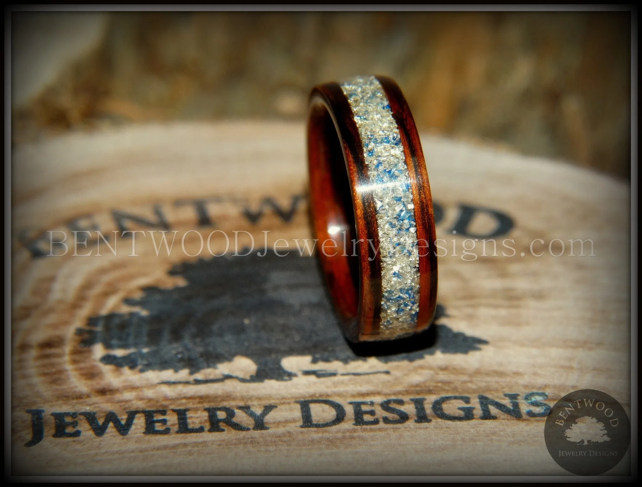 Bentwood Ring - Kingwood Wooden Ring with Bentwood Kingwood Wood Rings with Silver/Blue Glass Inlay