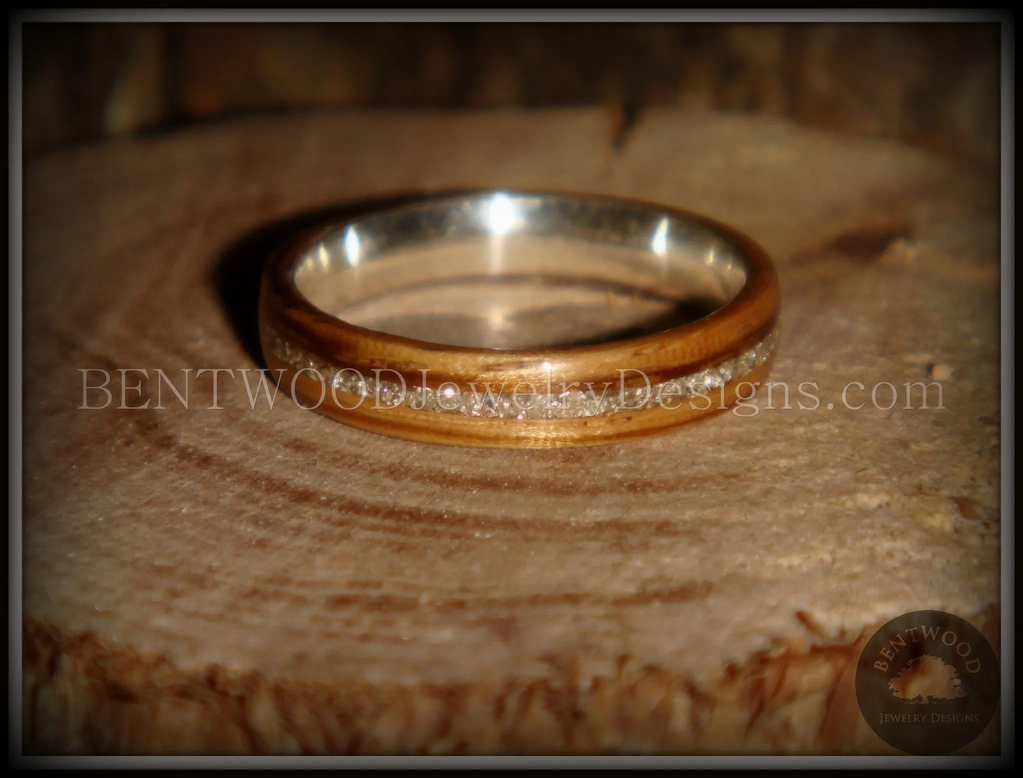 Bentwood Ring - Zebrawood Ring with Fine Silver Core and Silver Glass Inlay