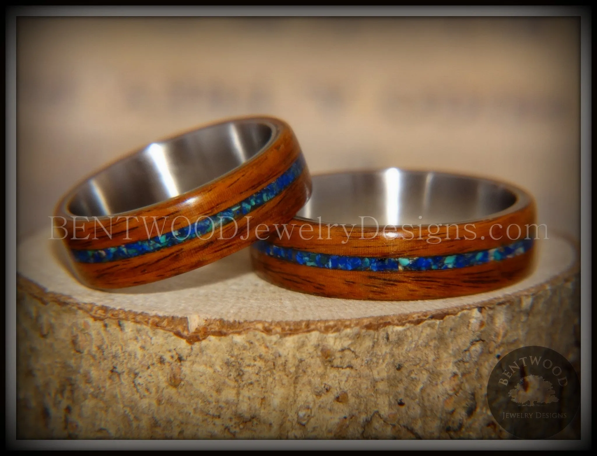 Bentwood Rings Set - Rosewood on Titanium Core with Azurite and Malachite Inlay