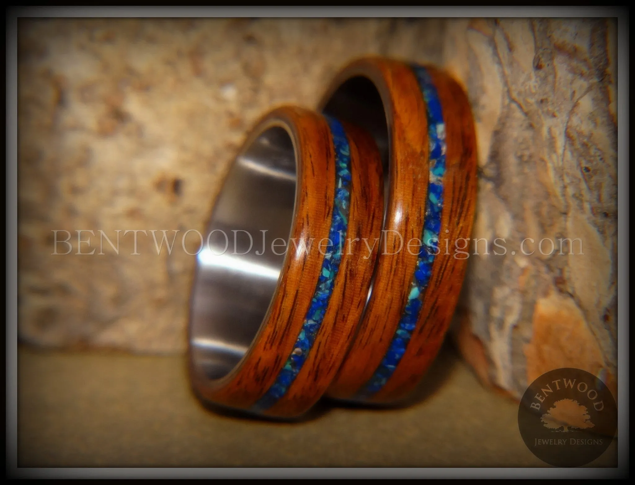 Bentwood Rings Set - Rosewood on Titanium Core with Azurite and Malachite Inlay