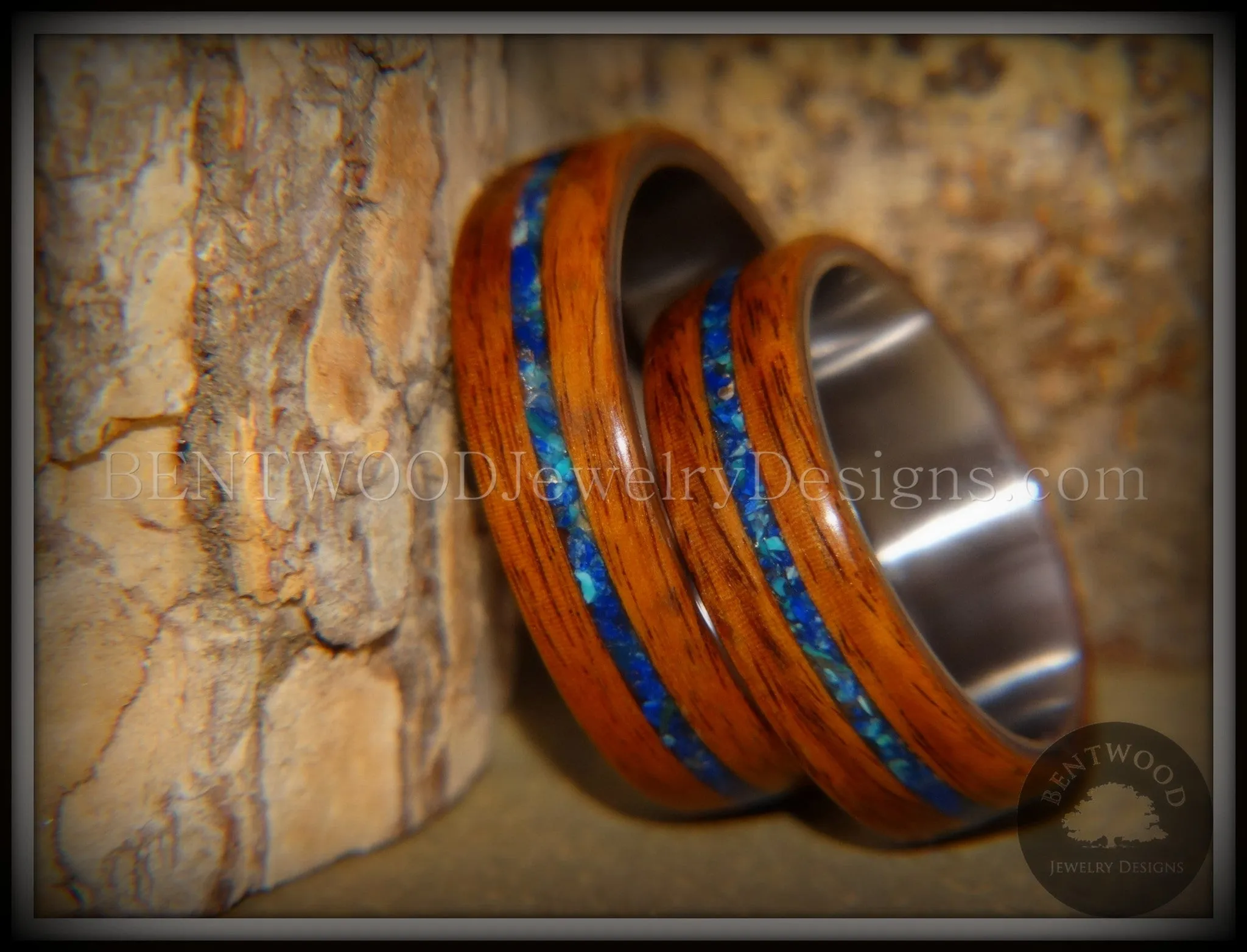 Bentwood Rings Set - Rosewood on Titanium Core with Azurite and Malachite Inlay