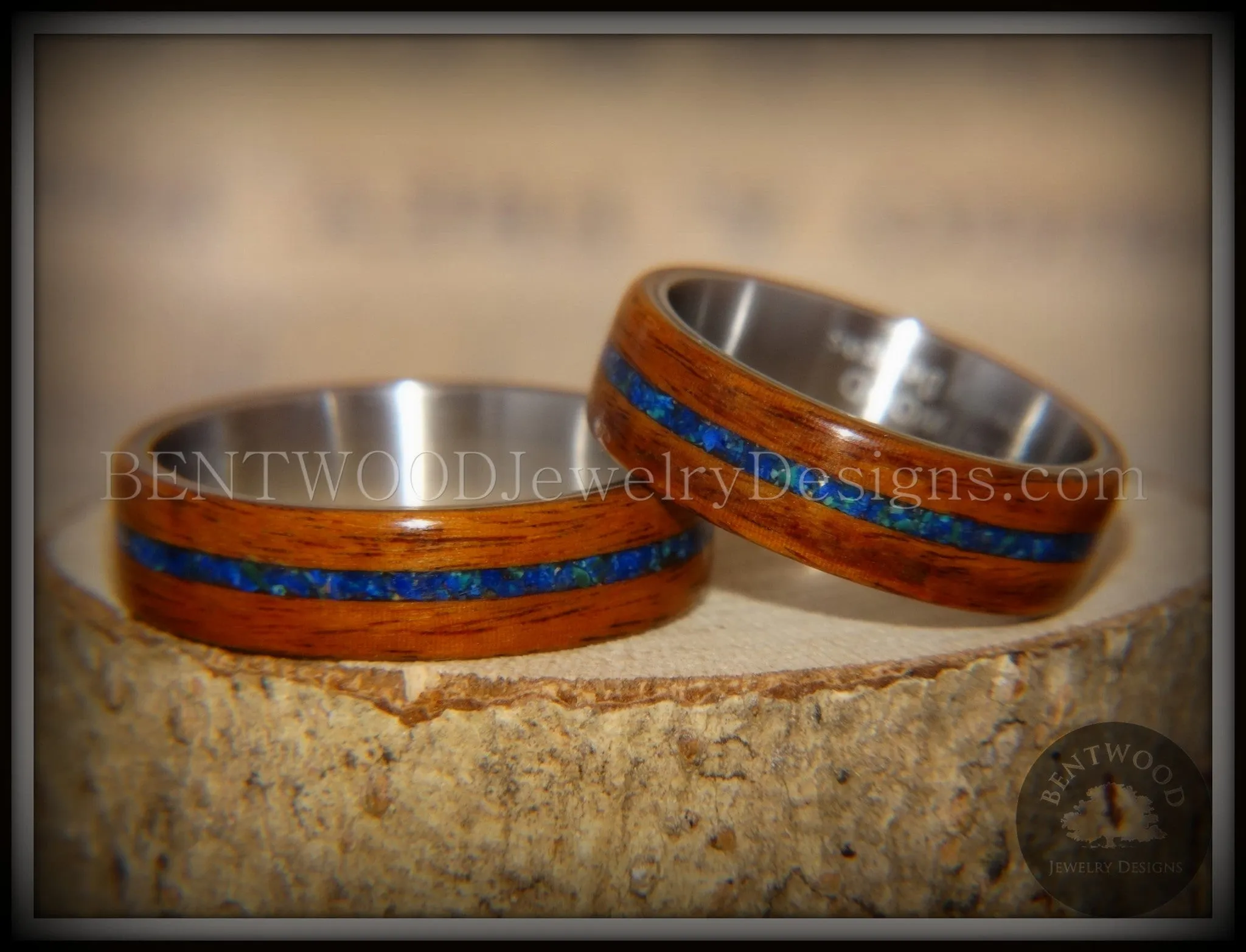 Bentwood Rings Set - Rosewood on Titanium Core with Azurite and Malachite Inlay