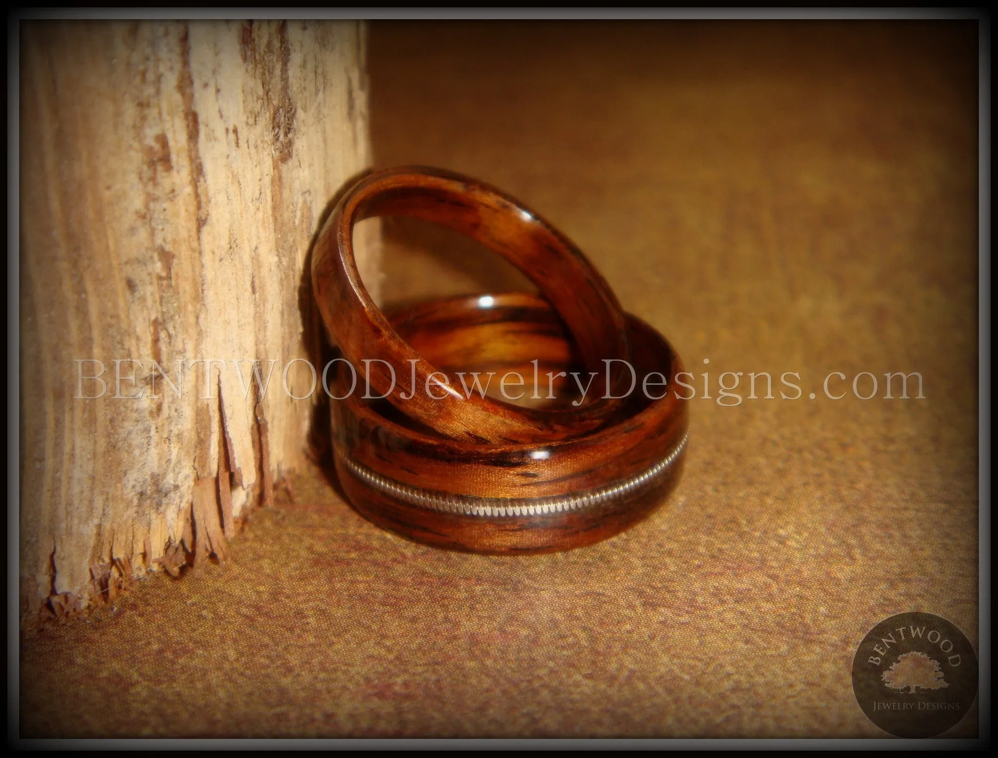 Bentwood Rings Set - Rosewood Wooden Ring Set with Guitar String Inlay and Classic Wood