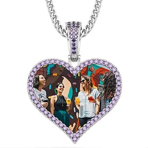 Brand New Purple Stone Personalized Heart Photo Medallion Necklace- Custom Photo Medallion Necklace With Words, Name, Date