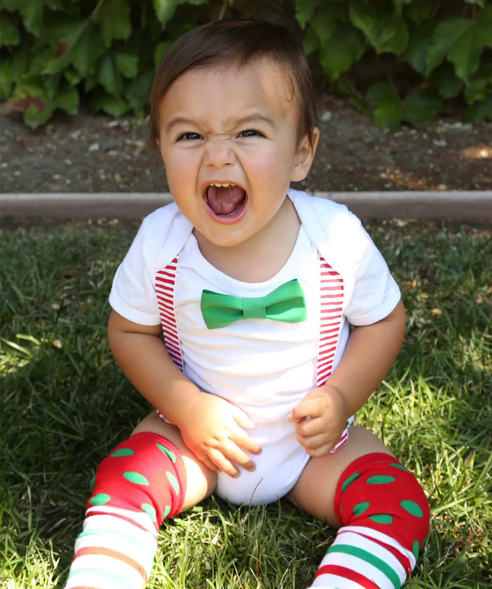 Christmas Outfits for Boys Red White Suspenders Bow Tie Legwarmers