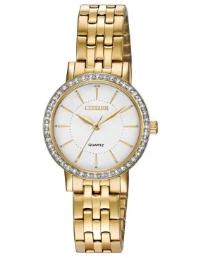 Citizen Quart Ladies Watch - Gold-Tone - Crystal Bezel -  White Dial - Bracelet