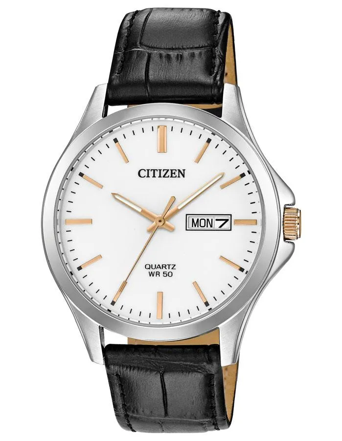 Citizen Quartz Mens Watch - Stainless Steel - White Dial - Day/Date - Leather