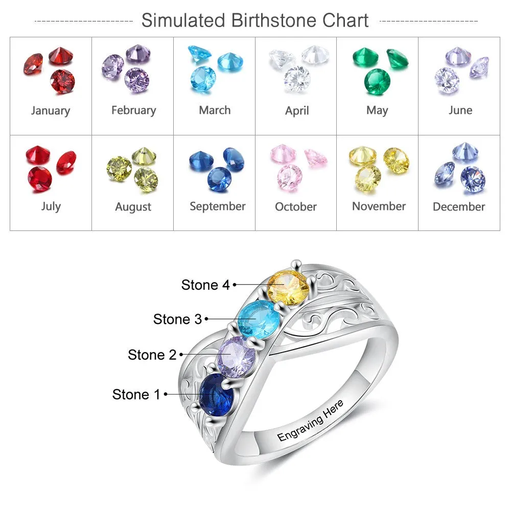 Customized Engraving 4 Birthstones Floral Rings For Women