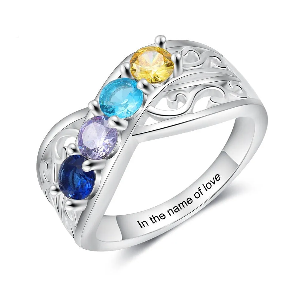 Customized Engraving 4 Birthstones Floral Rings For Women