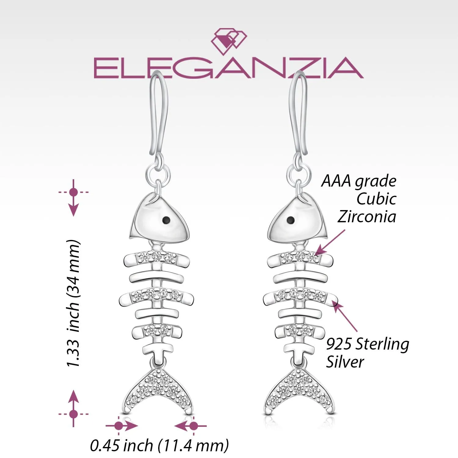 CZ Fishbone Drop Earrings Silver Dangle Earrings