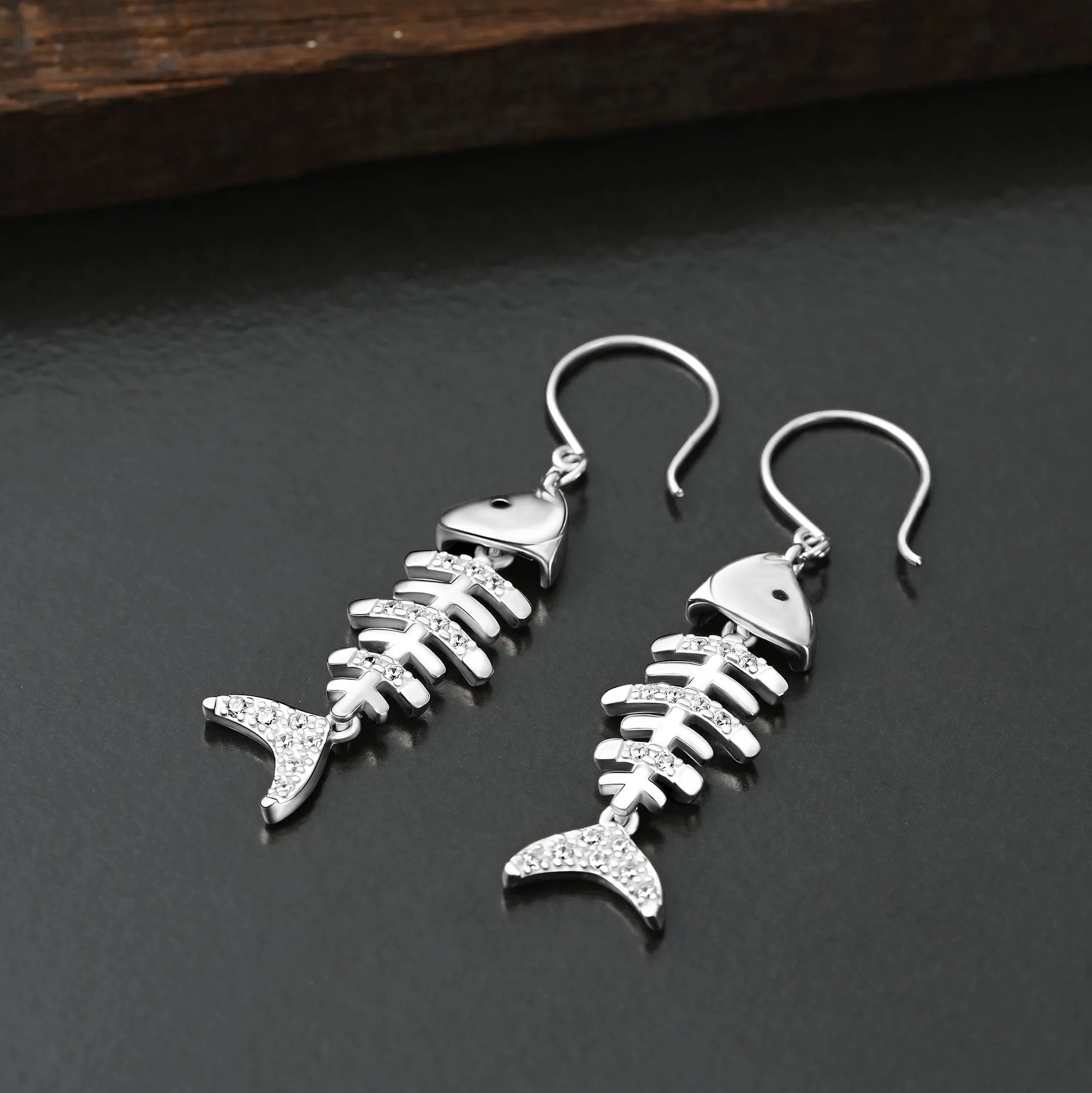 CZ Fishbone Drop Earrings Silver Dangle Earrings