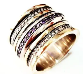 Elegant Spinner ring silver and gold for woman, Amethyst zircons rings