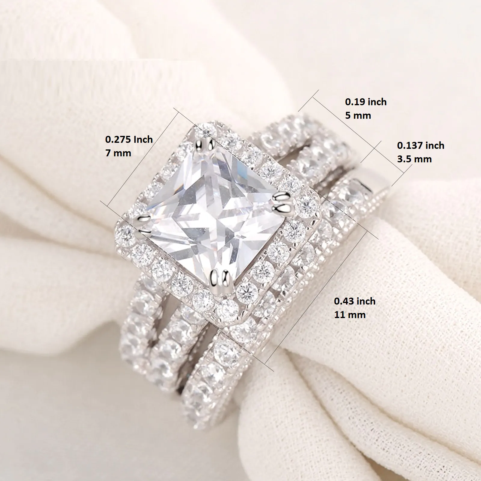 Engagement Rings Set 2.1 Ct Princess Cut CZ 3Pcs Sterling Silver