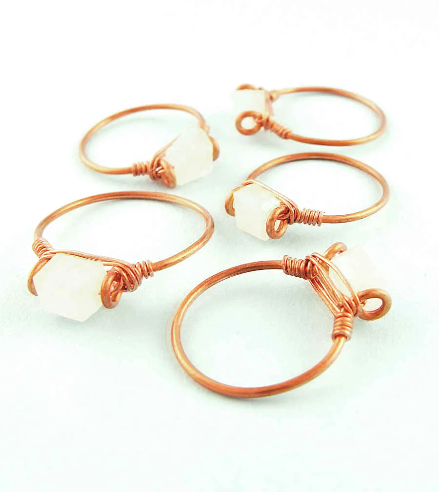 Faceted Rainbow Moonstone Stackable Rings, Copper Wire-Wrapped, Handmade