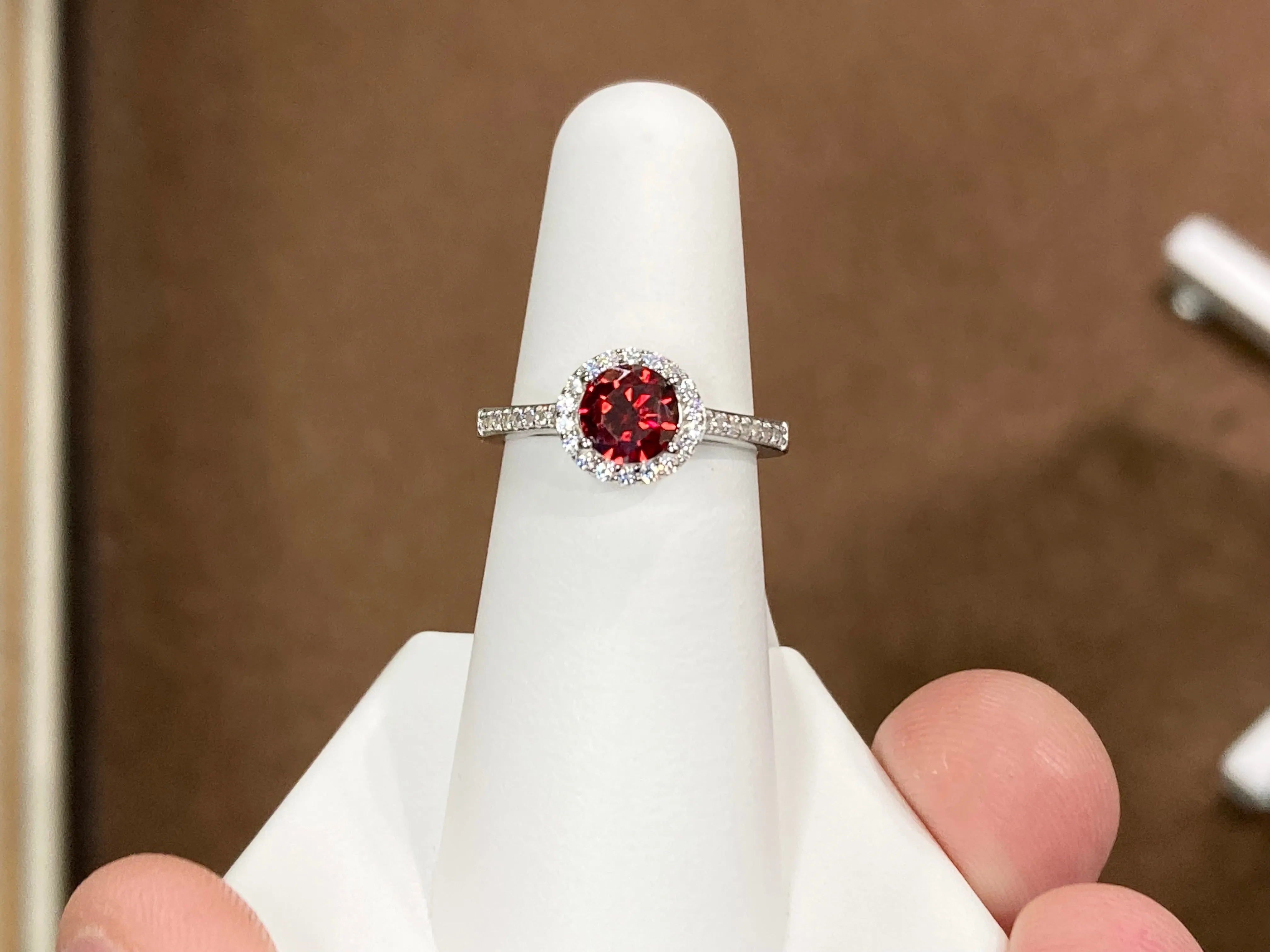 Garnet Color Swarovski Zirconia Silver Halo Ring