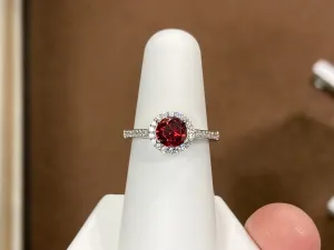 Garnet Color Swarovski Zirconia Silver Halo Ring