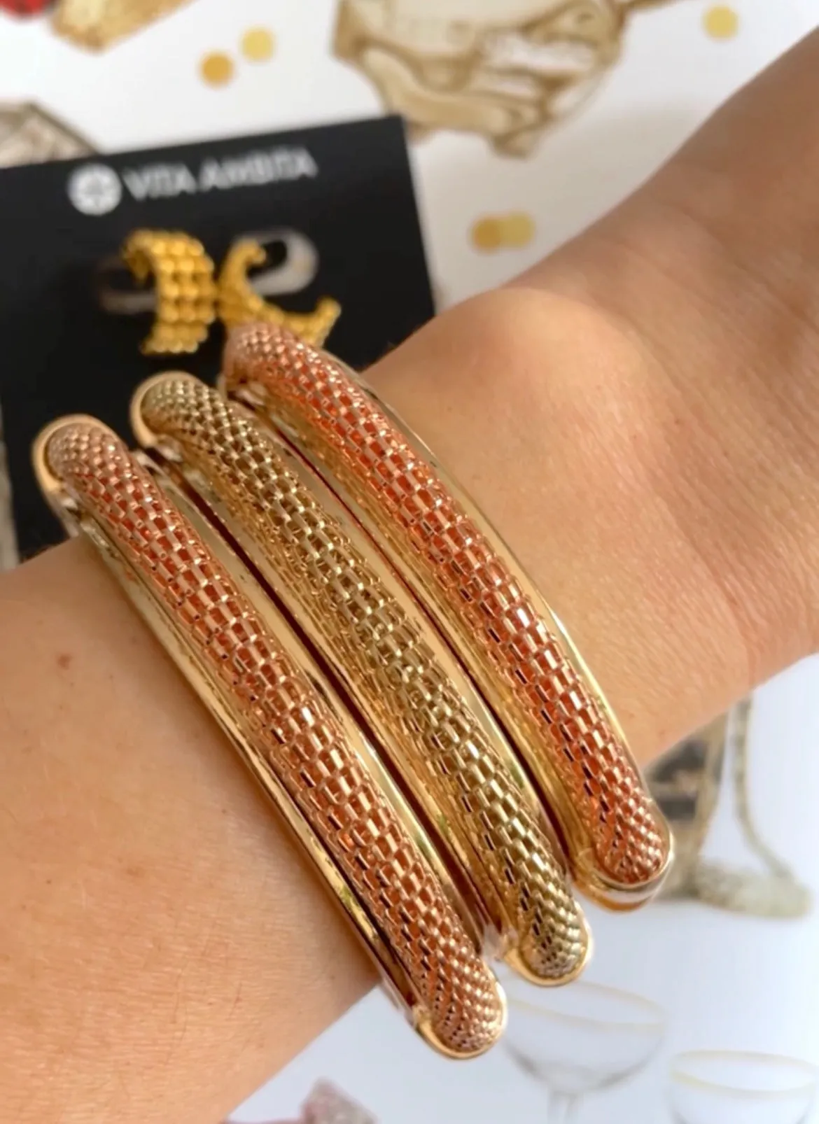 Gold plated mesh bangle bracelets