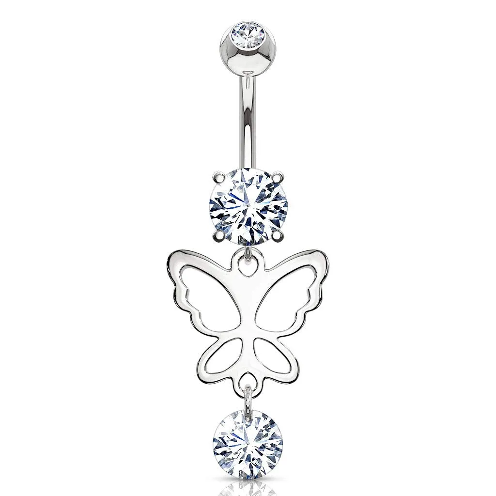 Hollow Butterfly and Round CZ Drop Dangle CZ Prong Set 316L Surgical Steel WildKlass Belly Rings