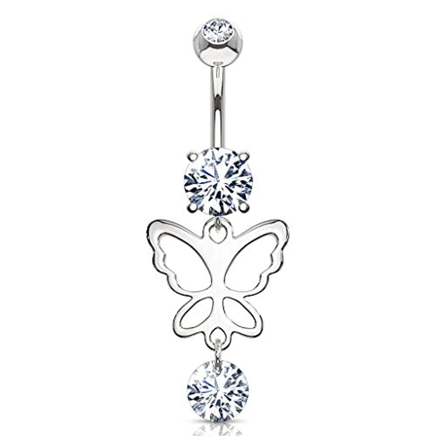 Hollow Butterfly and Round CZ Drop Dangle CZ Prong Set 316L Surgical Steel WildKlass Belly Rings