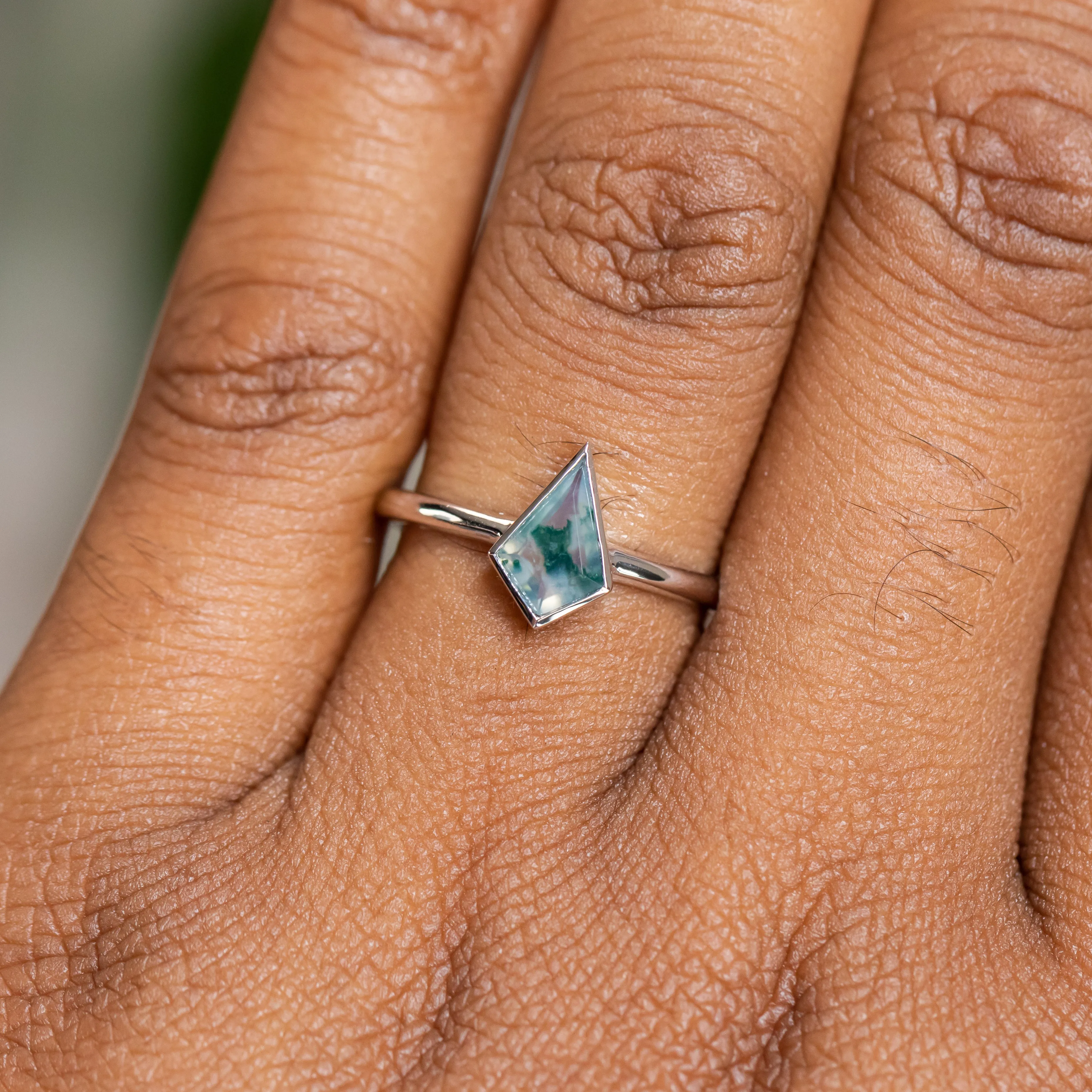 Kite Moss Agate Bezel Rings in 14K Yellow & White Gold