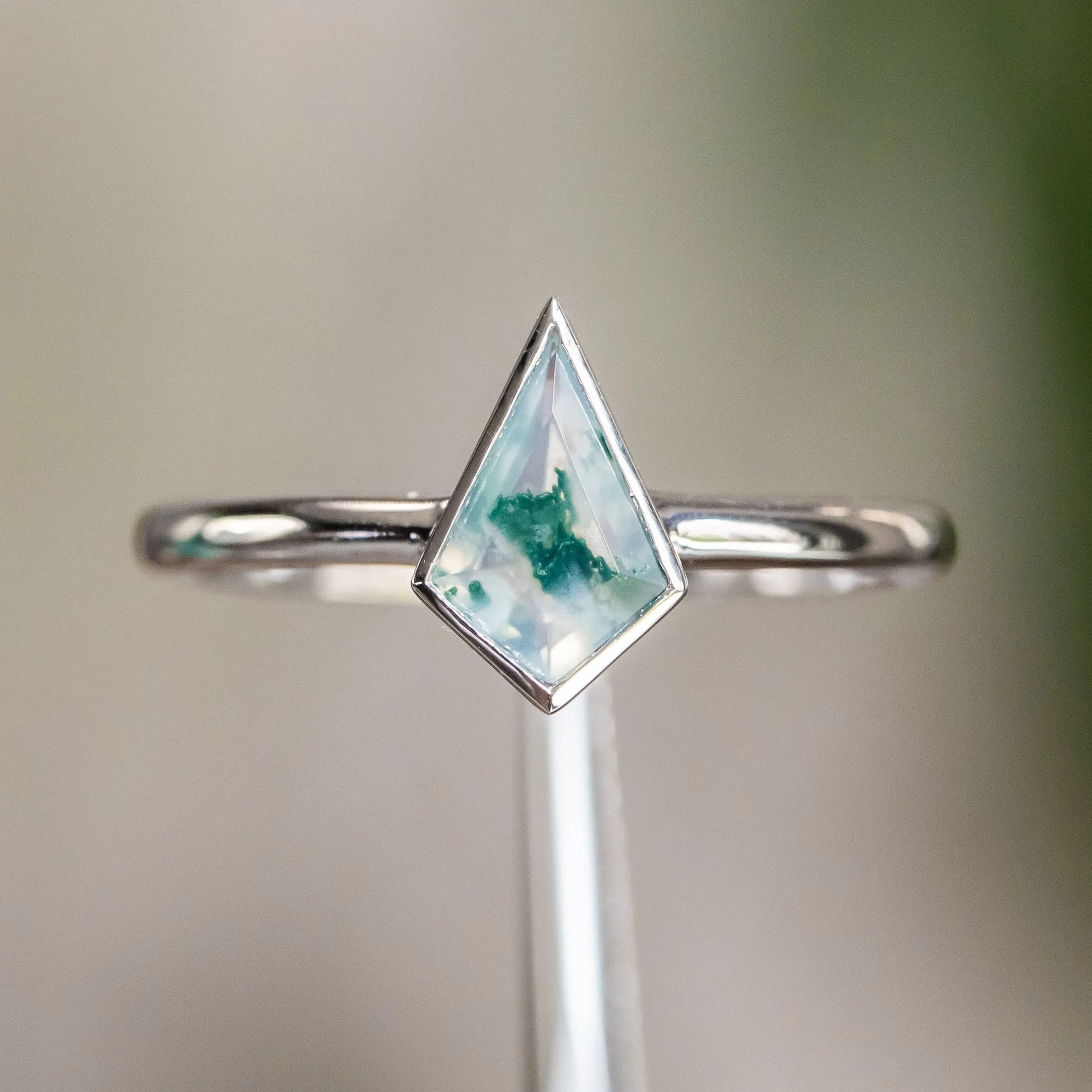 Kite Moss Agate Bezel Rings in 14K Yellow & White Gold