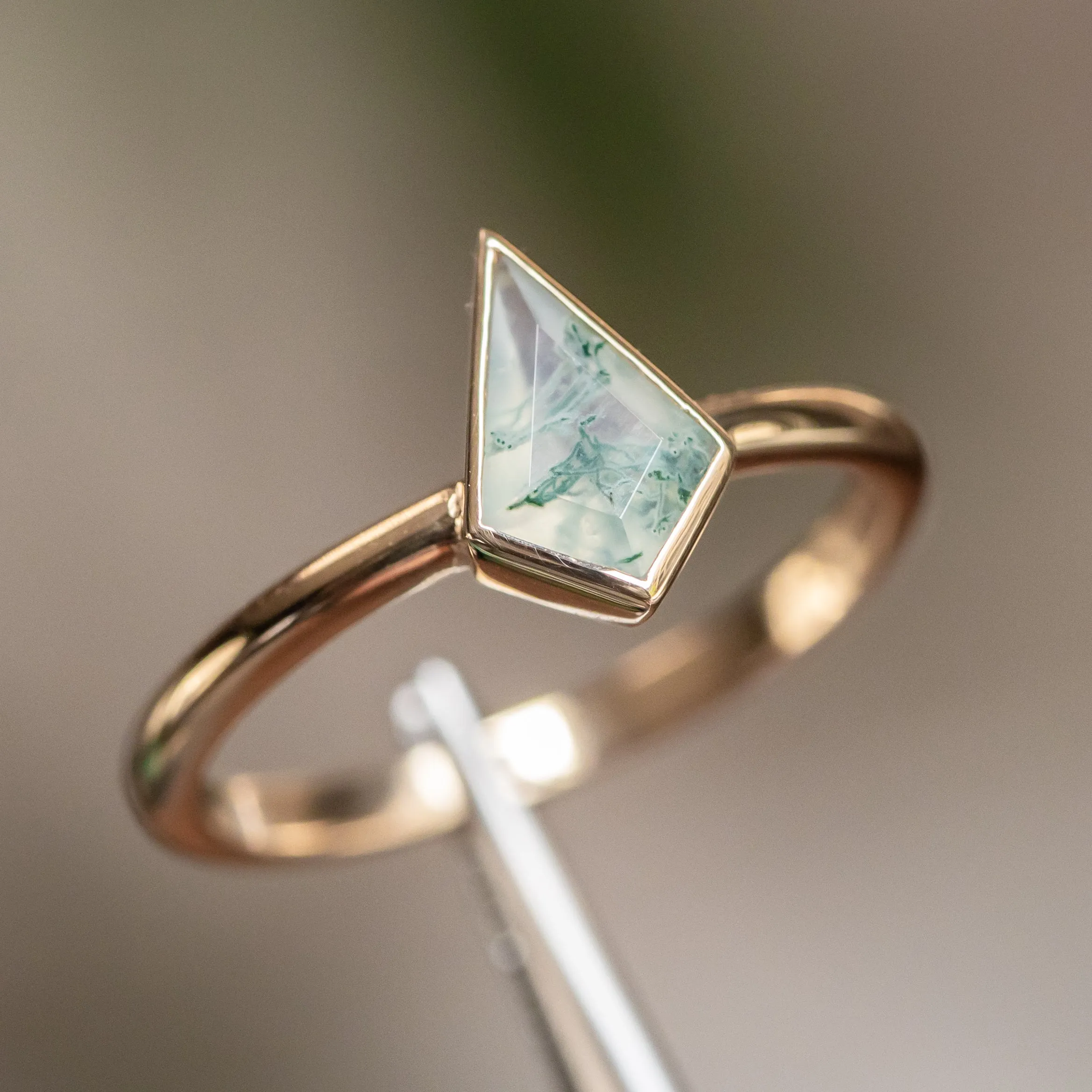 Kite Moss Agate Bezel Rings in 14K Yellow & White Gold