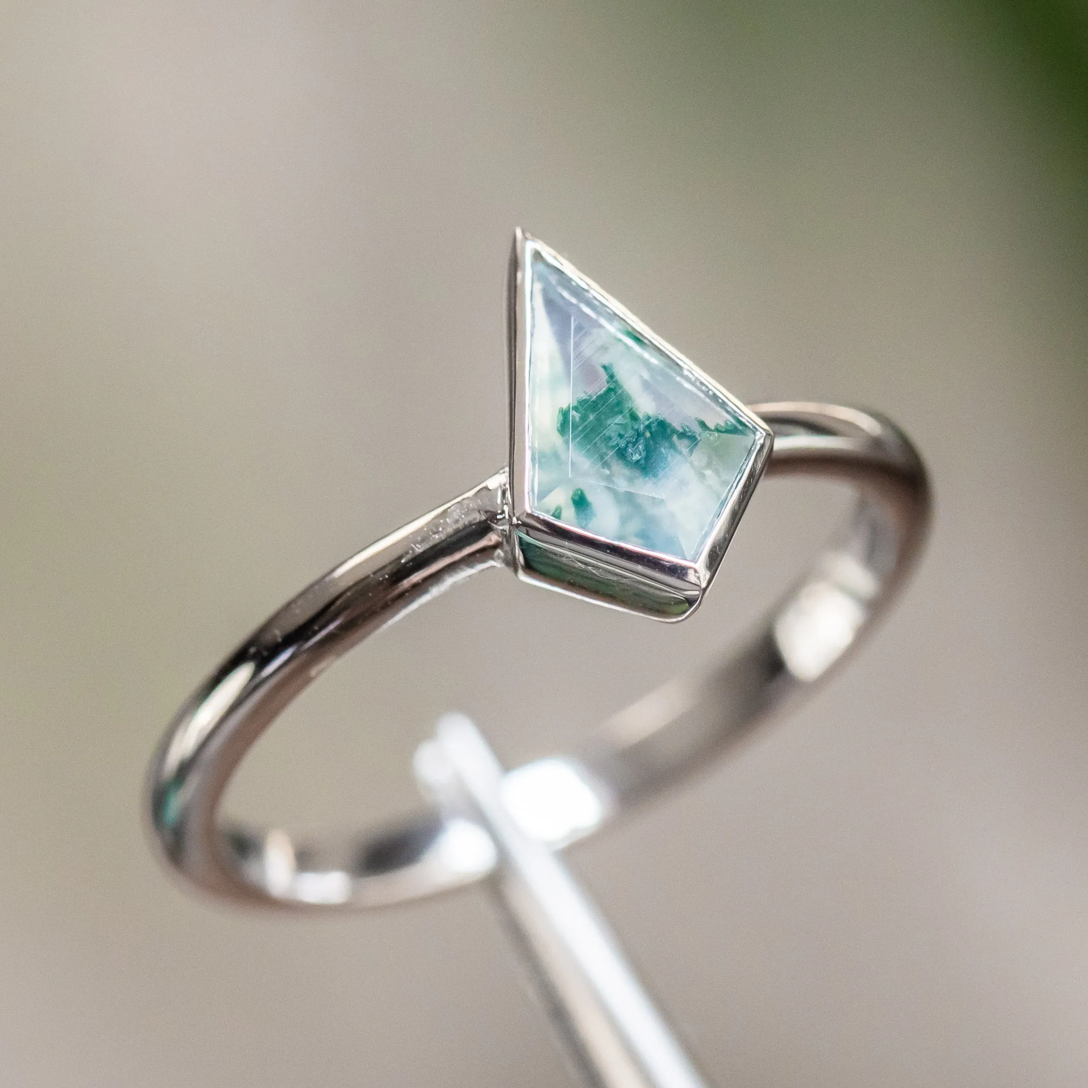 Kite Moss Agate Bezel Rings in 14K Yellow & White Gold