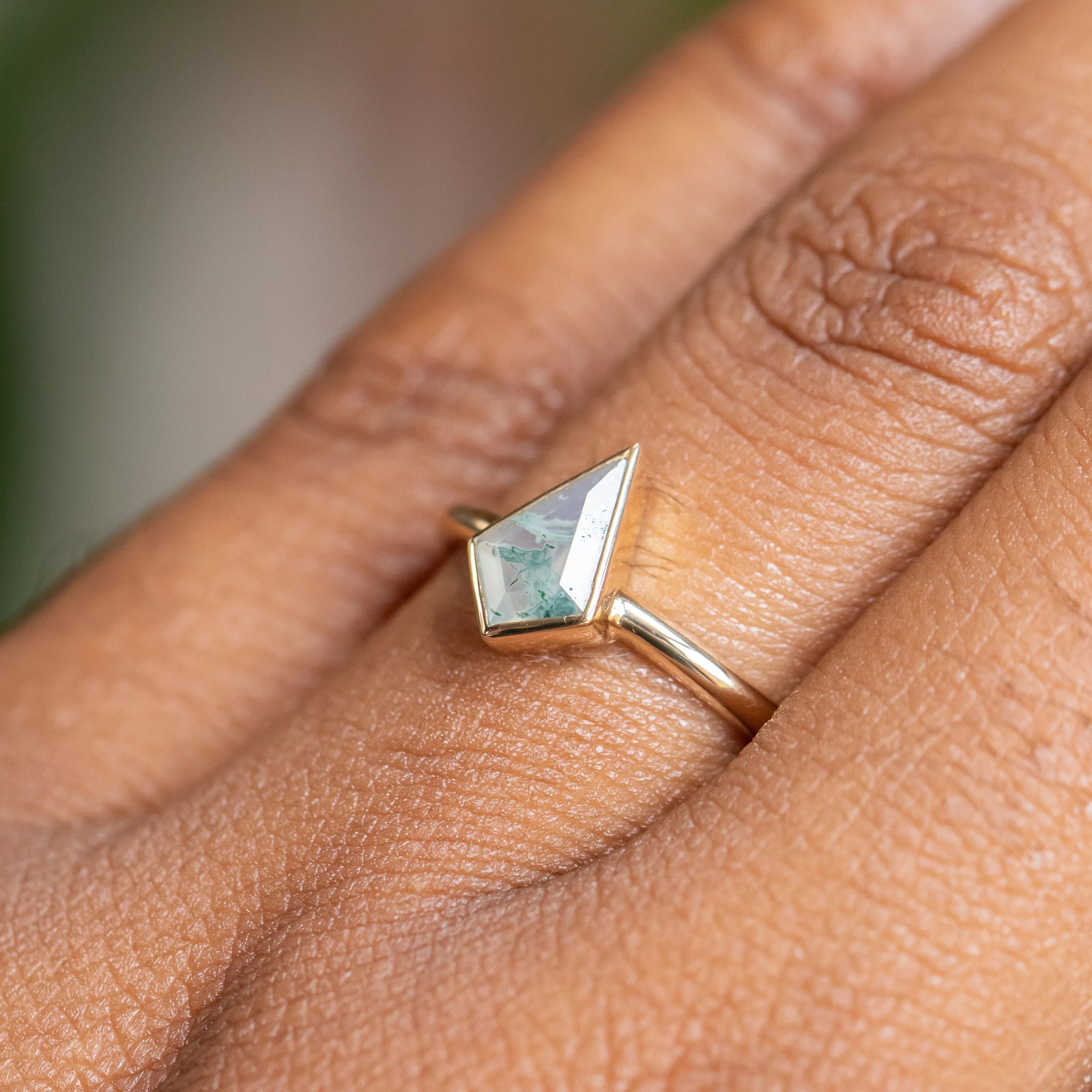 Kite Moss Agate Bezel Rings in 14K Yellow & White Gold