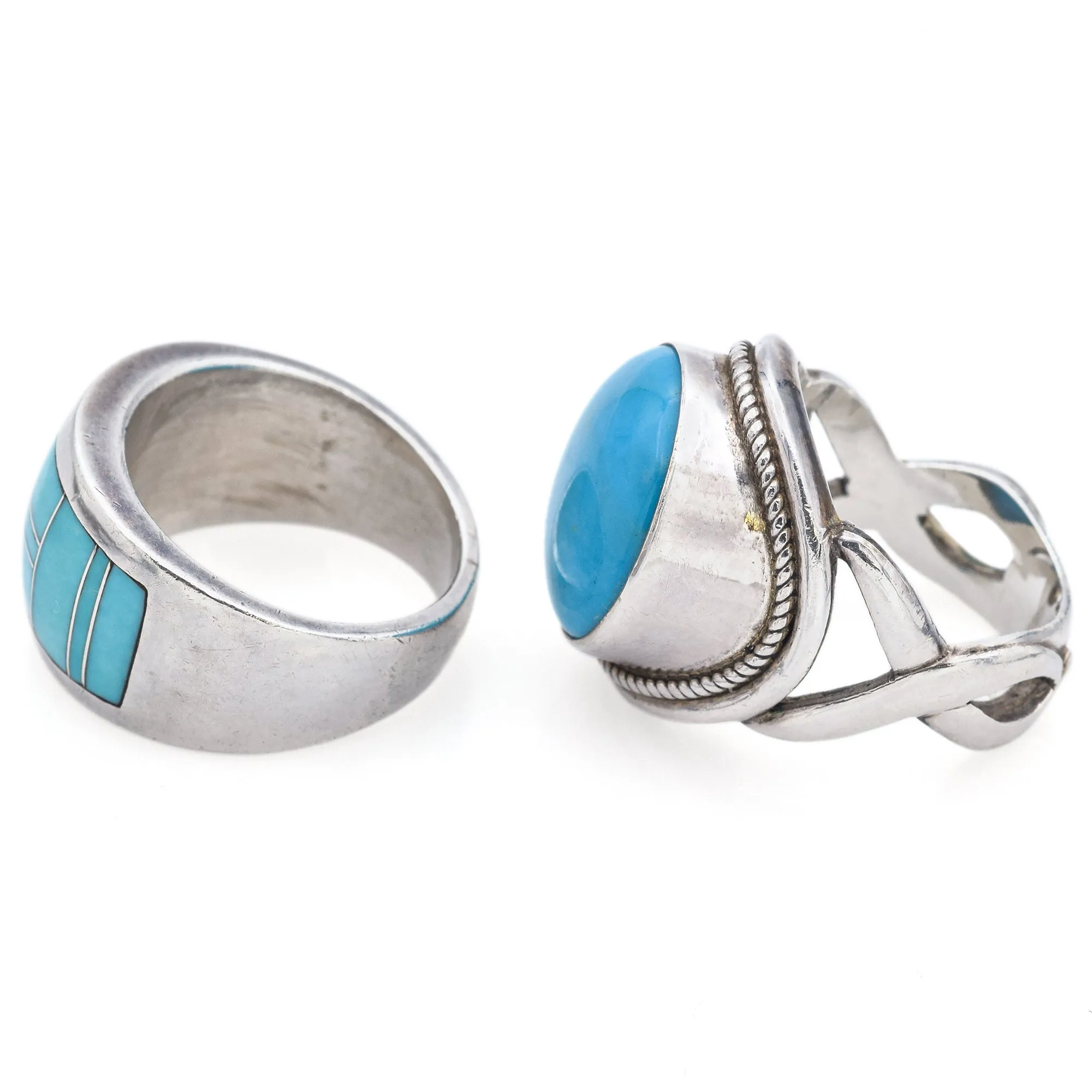 Lot of 2 Vintage Sterling Silver Turquoise Southwestern Rings Size 6.75 & 7.5