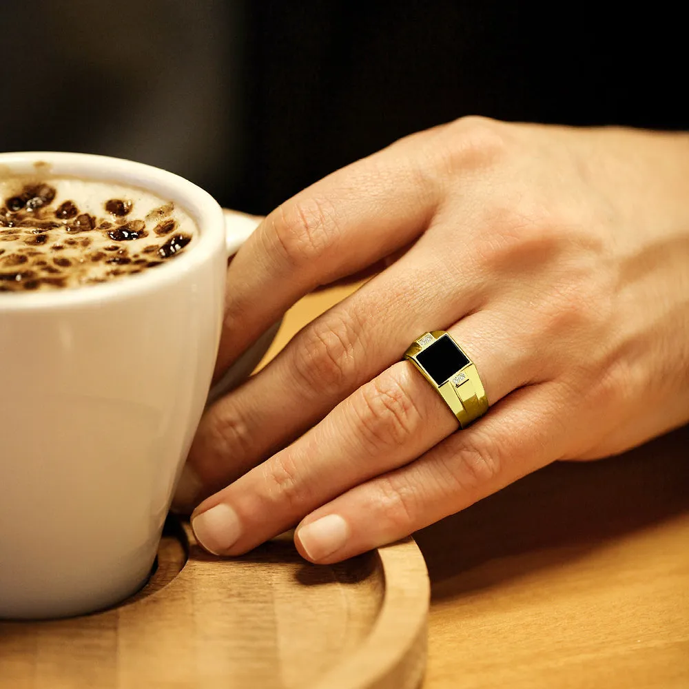 Mens 18K Yellow Gold Plated Silver Ring With Black Onyx and 4 Natural Diamonds