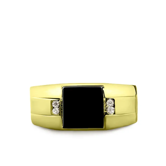 Mens 18K Yellow Gold Plated Silver Ring With Black Onyx and 4 Natural Diamonds